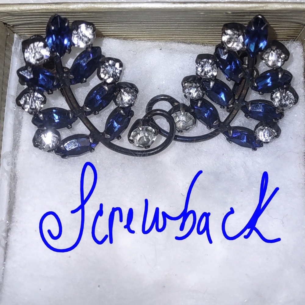 Vintage Blue & White Rhinestone Earrings Sterling Silver - Picture 8 of 16